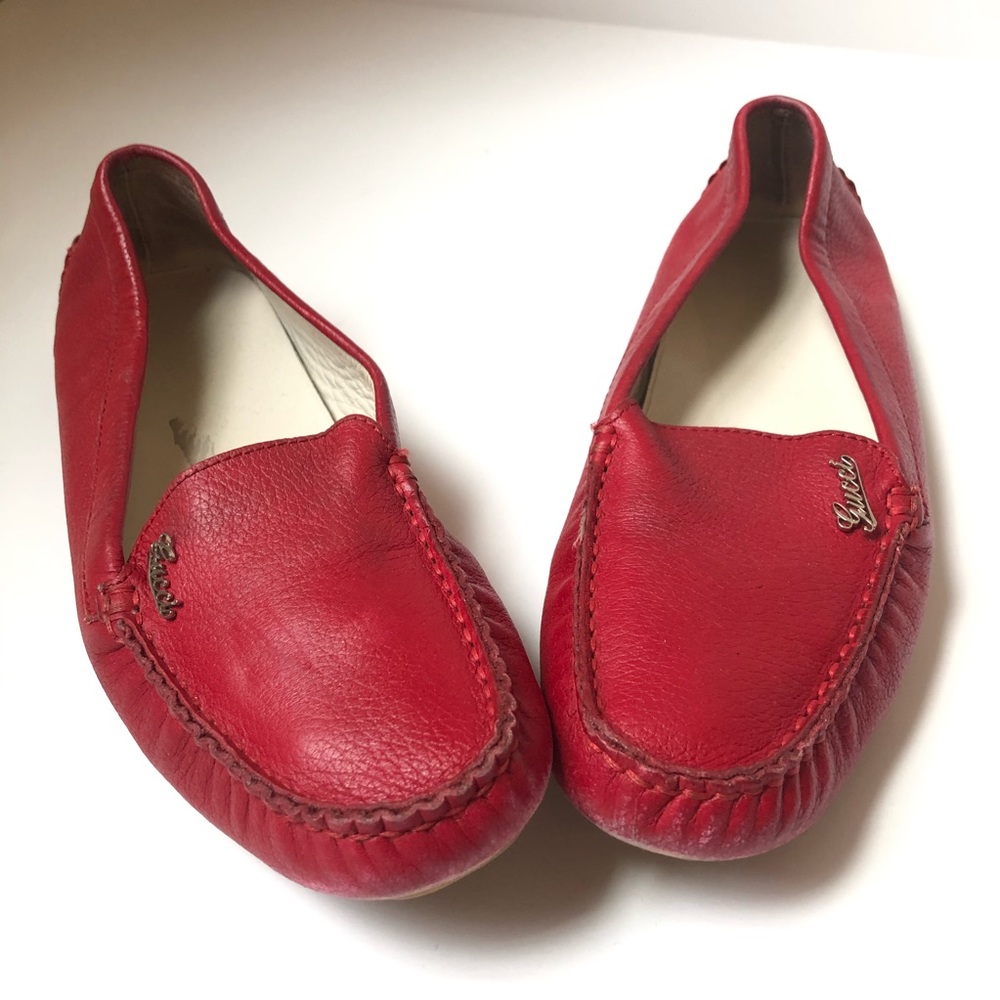 Gucci Red Leather Flat Loafers